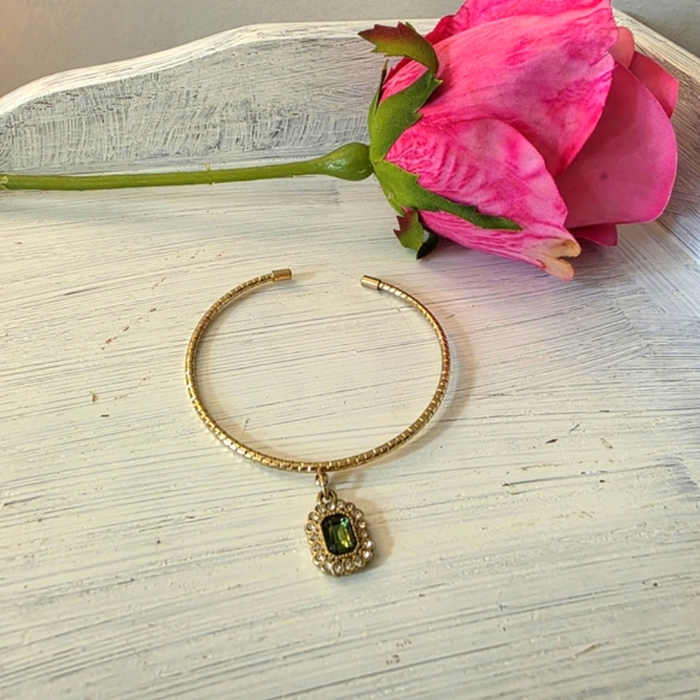 LC Lauren Conrad Gold Tone Bangle With Faux Green Gemstone Charm